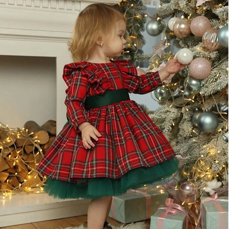 Baby 6M-6Y Christmas Dress, Christmas Dress For Girls Toddler Kid Child Red Plaid Bow Dresses For Girl Xmas Party Princess Costumes