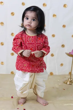 Baby Boy Bandhani Print Cotton Dhoti Kurta Set - Red