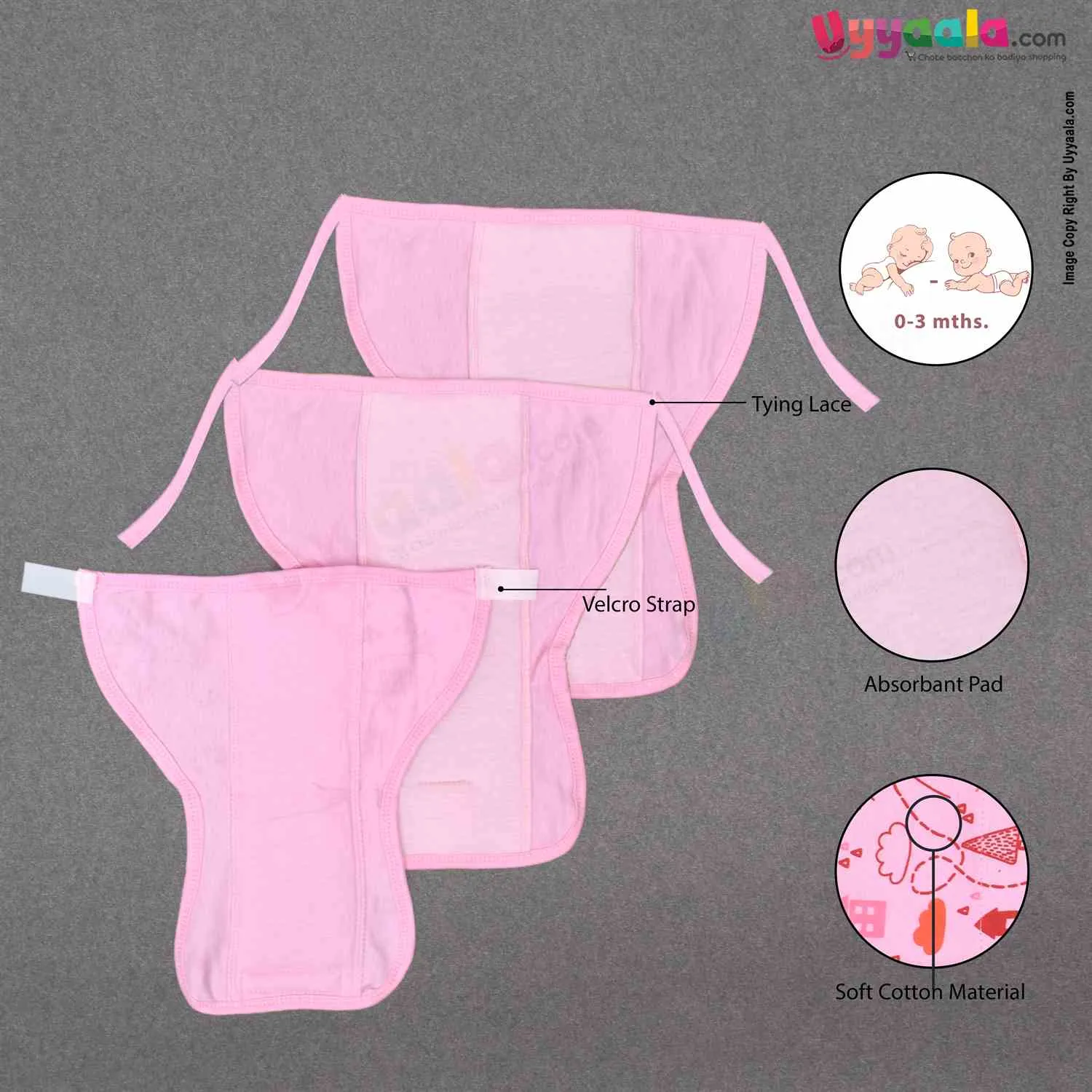 COZYCARE Washable Diaper With Attached Pad, Tying Model With Hosiery Fabric - small for 0-3m pack of 3