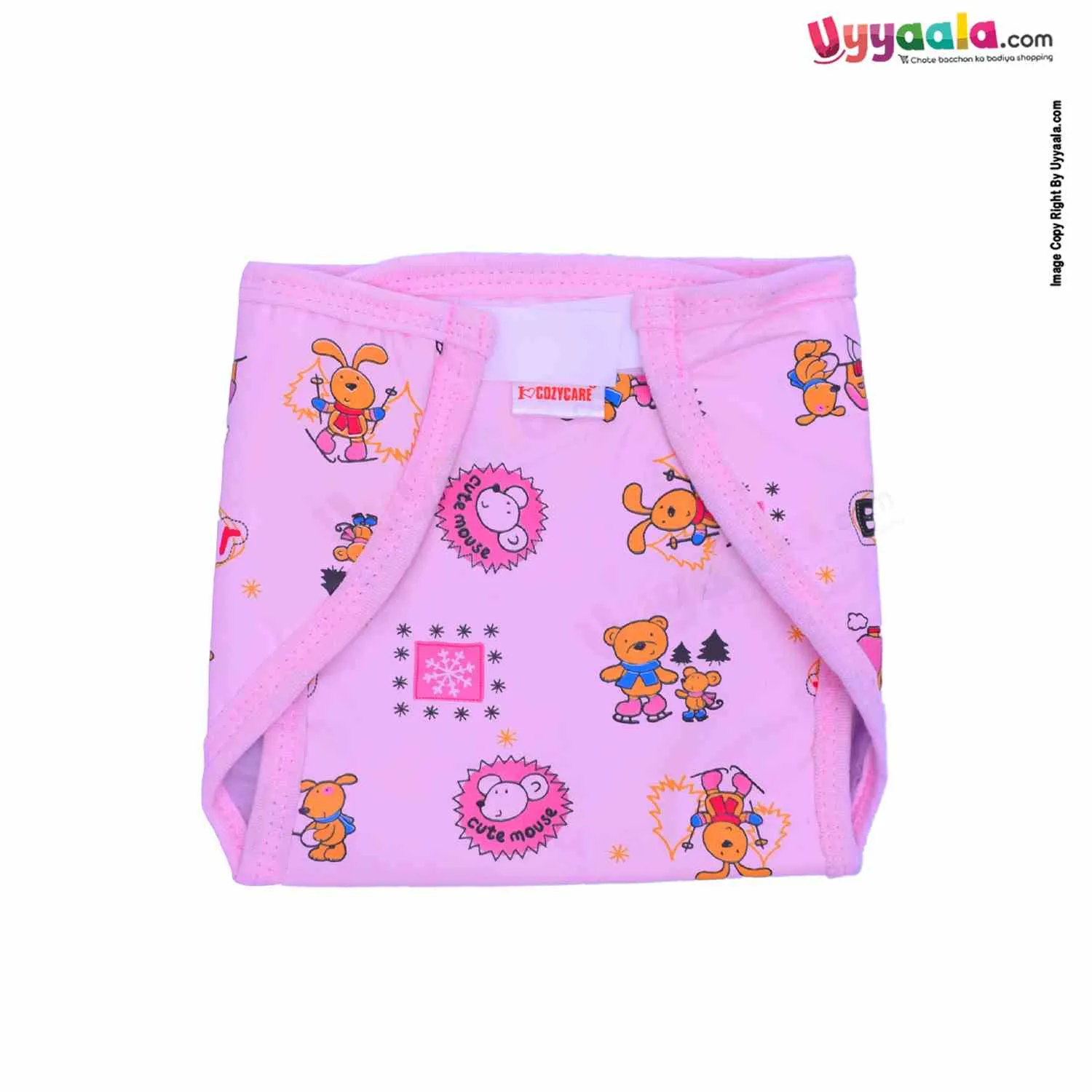 COZYCARE Washable Diapers Plastic, Velcro Bear Print Pink, Blue & Yellow without Pads- 3P Set (XL)