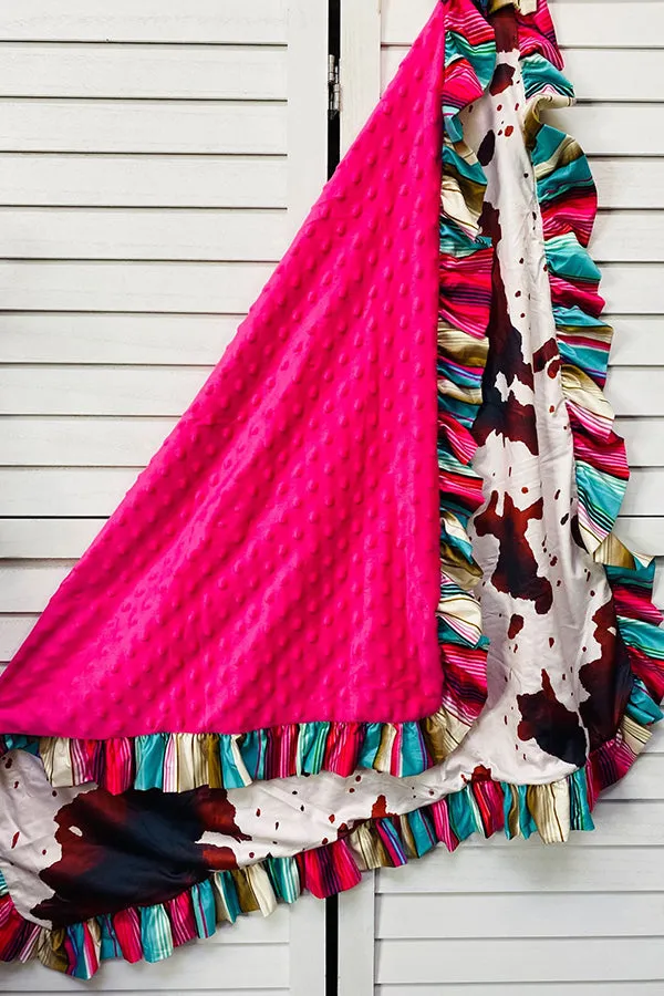 DLH2542 Cow & serape ruffle baby blanket w/head band included 31IN BY 39IN