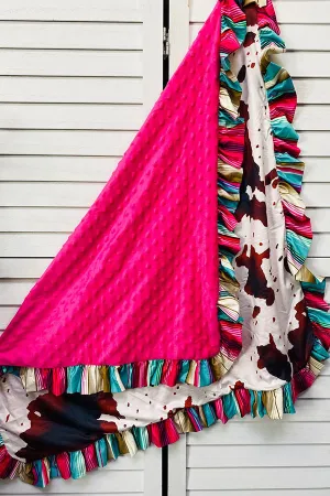 DLH2542 Cow & serape ruffle baby blanket w/head band included 31IN BY 39IN