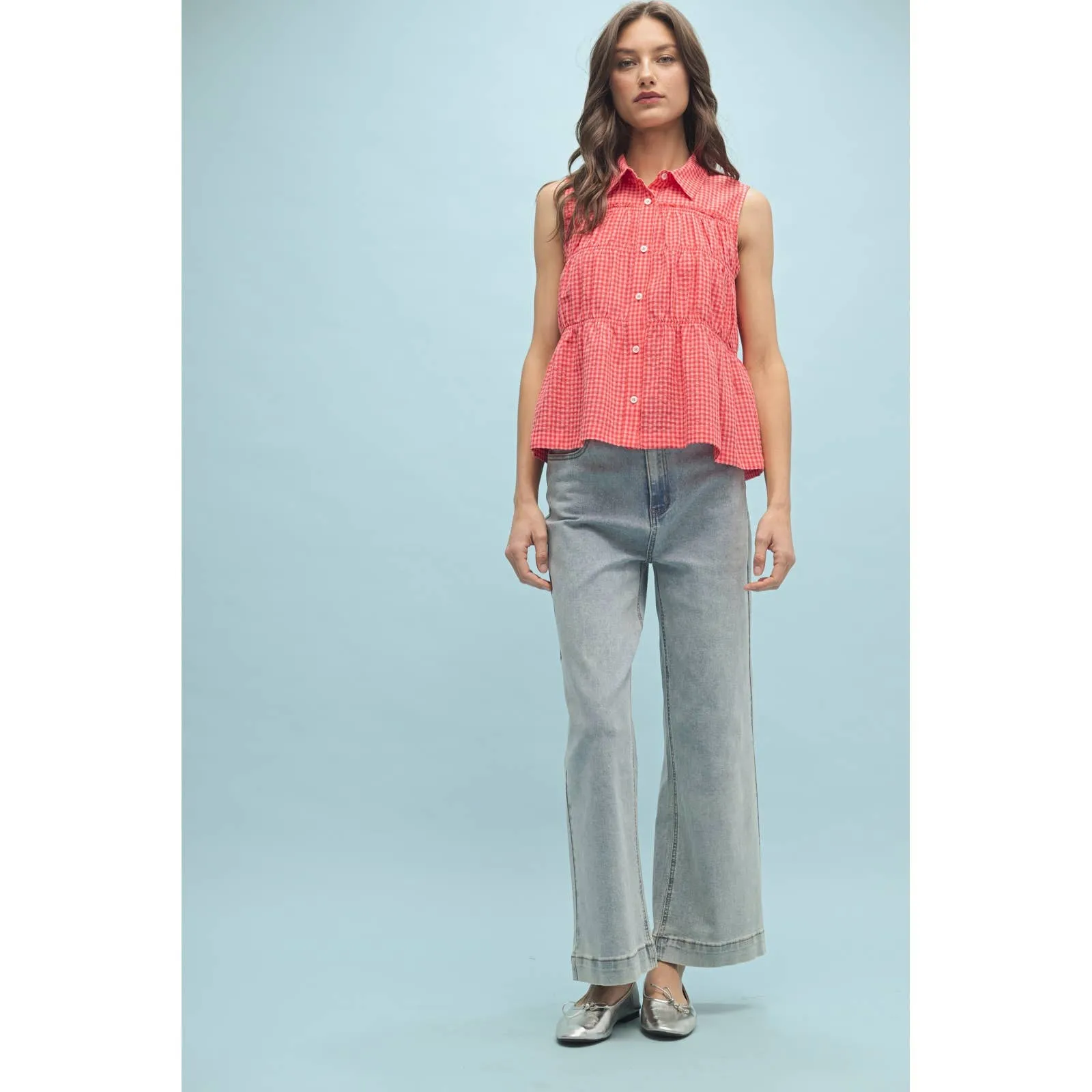 Gingham Button Up Sleeveless Shirt