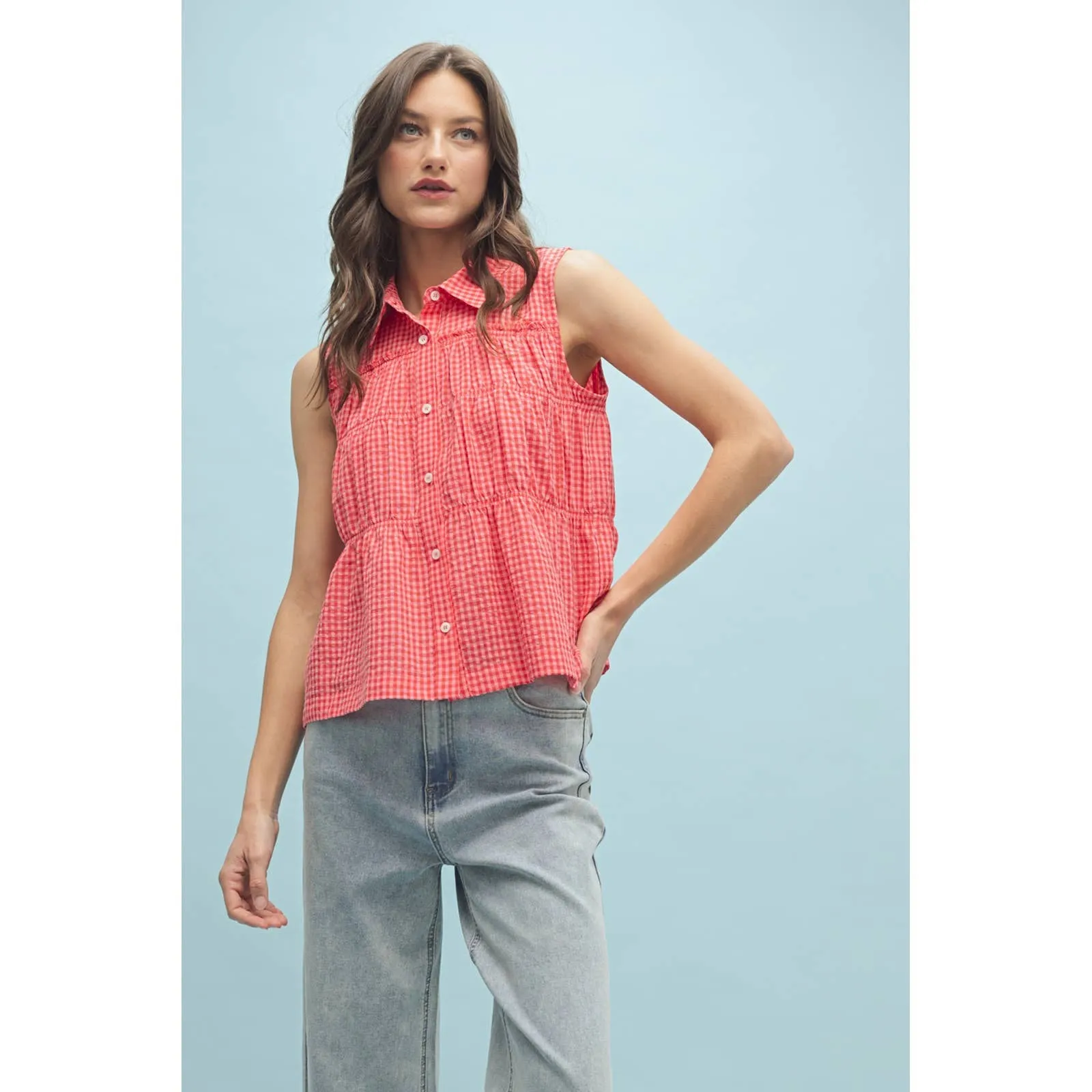 Gingham Button Up Sleeveless Shirt