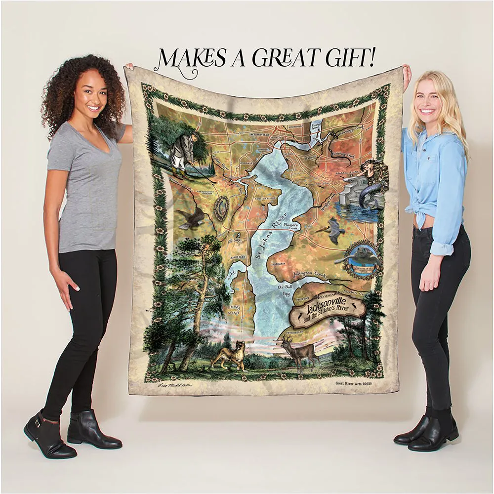 Jacksonville and The St. John's River Florida Map Blanket Double Stitched Edges Luxury Fluffy Super Soft 430 GSM Polyester Throw Blanket