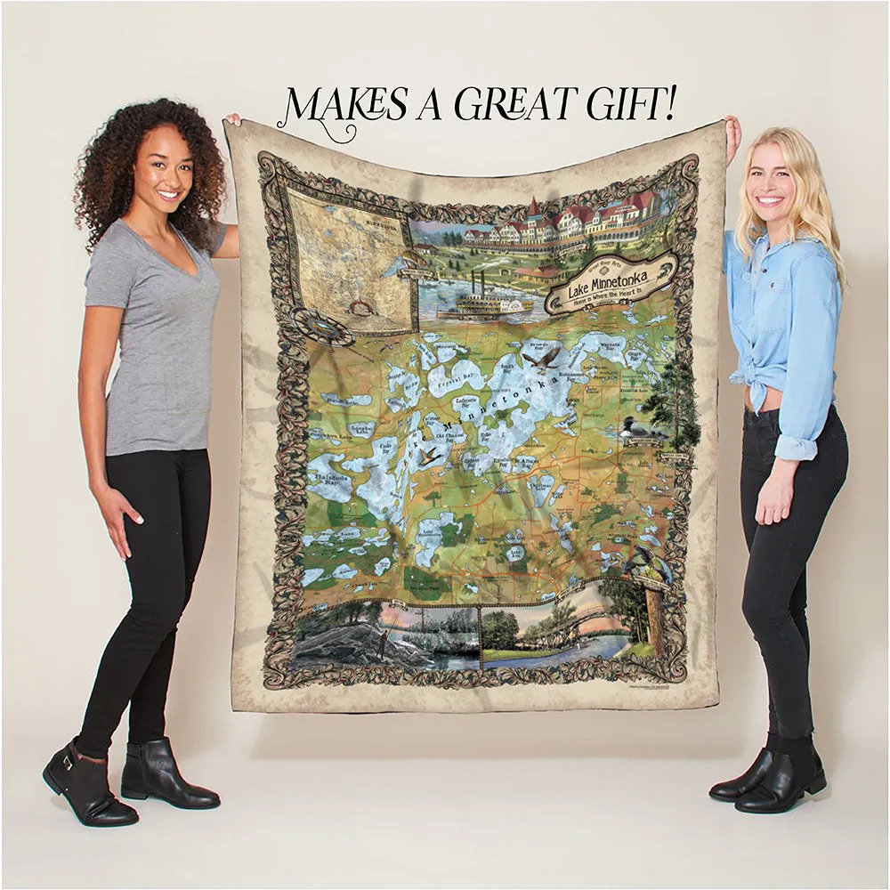 Lake Minnetonka Minnesota Map Sherpa Fleece Blanket Double Stitched Edges Cozy Luxury Fluffy Super Soft 430 GSM Polyester Throw Blanket