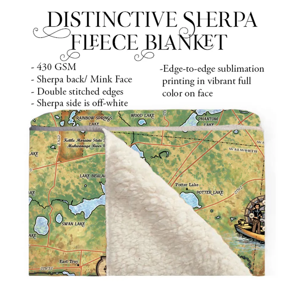 Lakes of The Kettle Moraine Wisconsin Map Blanket Double Stitched Edges Cozy Luxury Fluffy Super Soft 430 GSM Polyester Throw Blanket