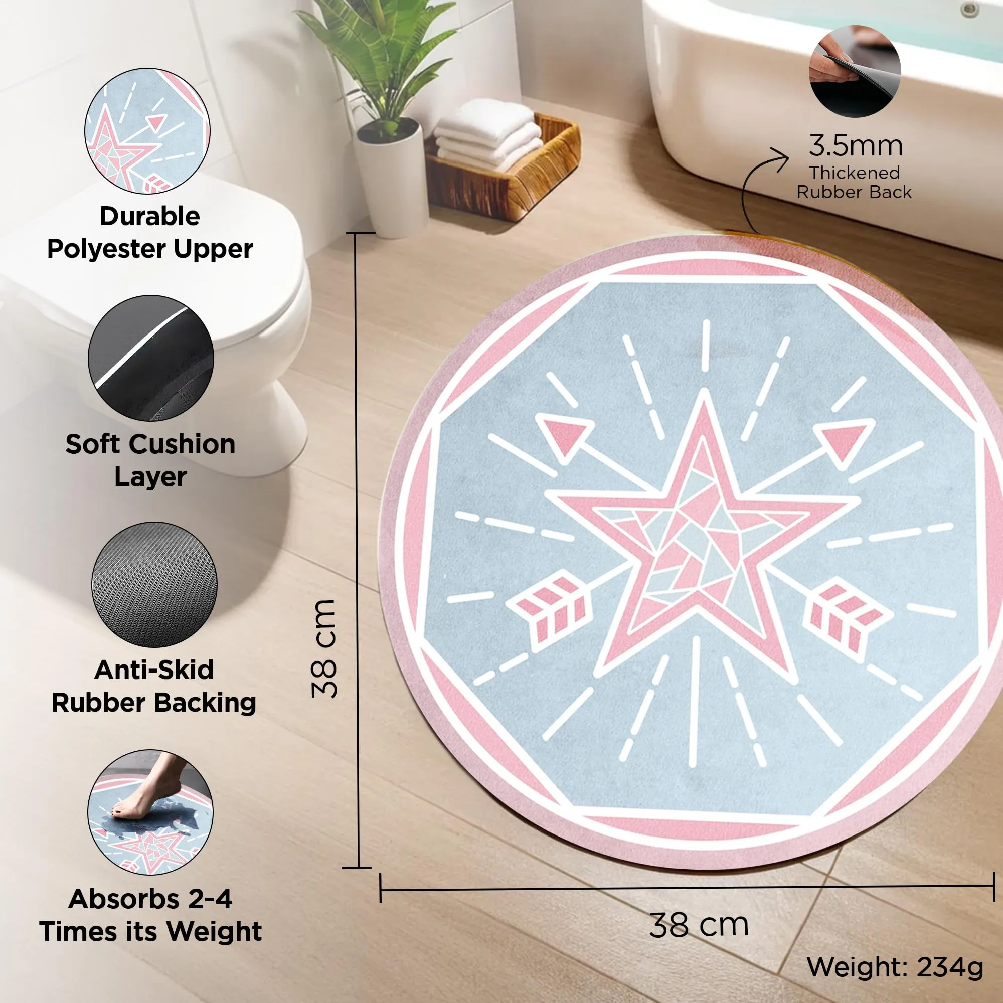 UMAI Polyester Rubber Bathroom Mat (38cm) Round Bath Mat | Anti Skid Mat for Bathroom Floor | Bathroom Accessories | Bathroom Mats Water Soak | Non Slip Mat for Bathroom | Floor Mat- Pink & Blue